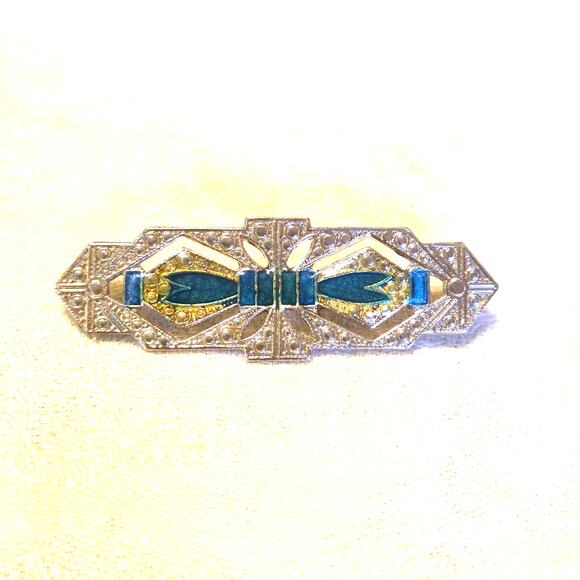 Vtg Art Deco Style Silvertone Brooch Turquoise Enamel Bowtie Design Scarf Pin - Picture 1 of 6